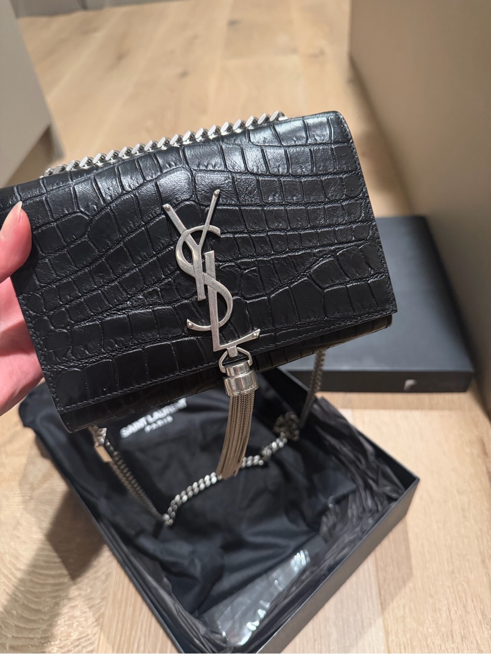 Saint Laurent Black Croc-Embossed Kate Tassel Chain Shoulder Bag - Picture 5 of 5